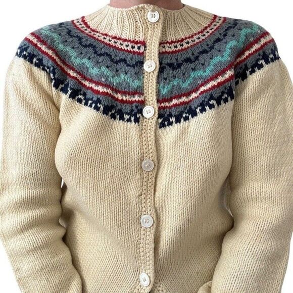 Vintage 1970s Womens Hand Knit 100% Wool Fair Isle Hippie Cardigan Sweater Sz M - Picture 1 of 7